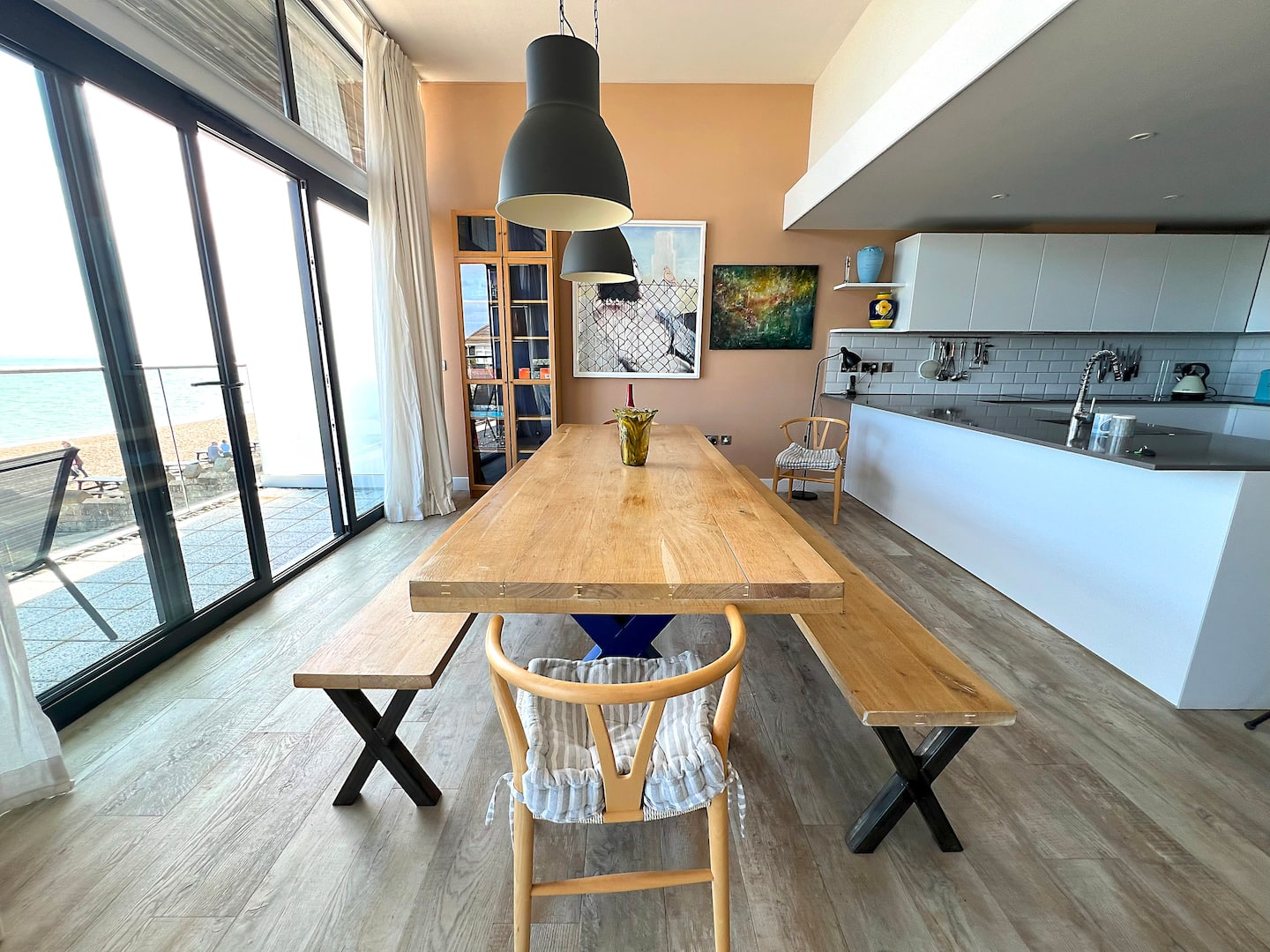The dining table, sea behind it